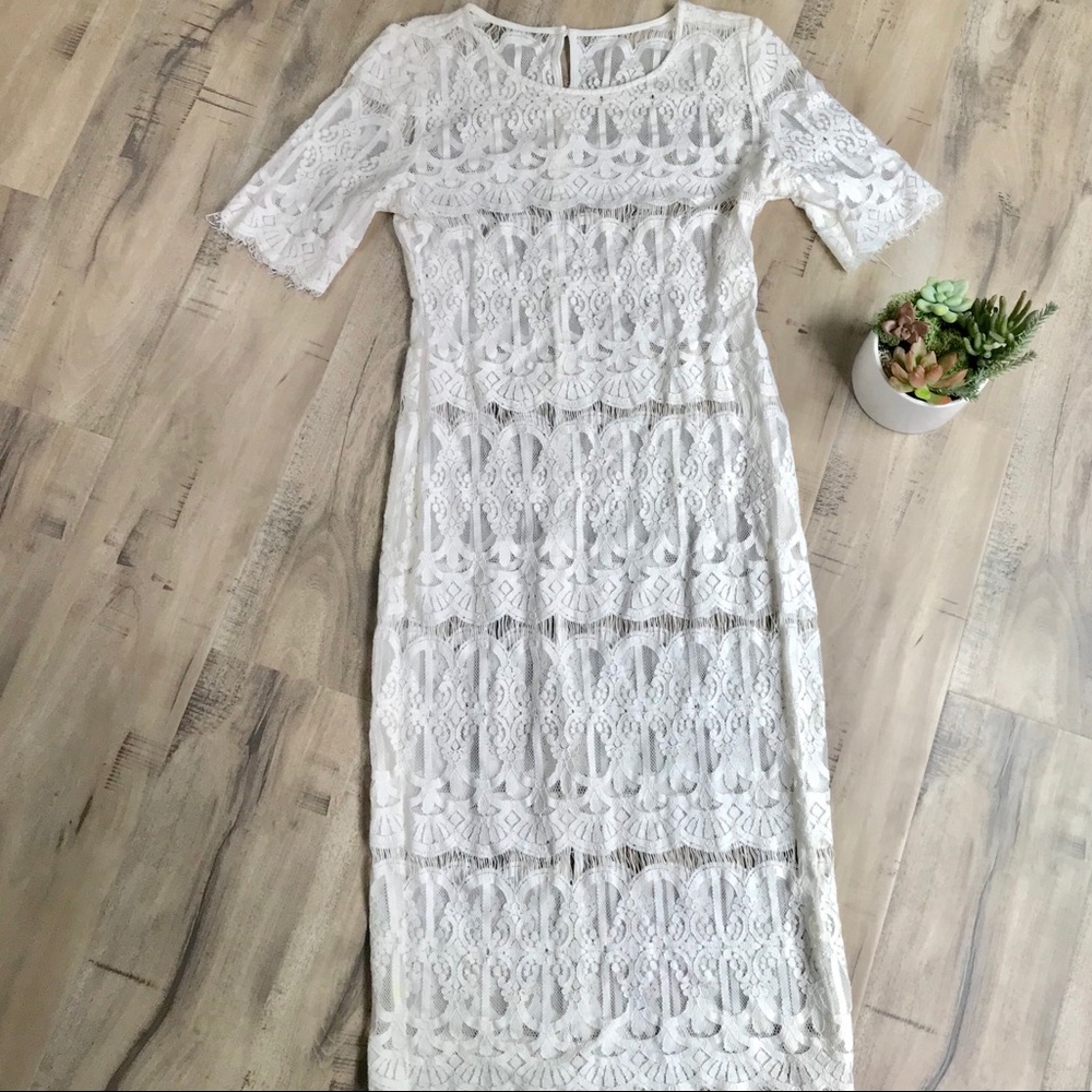 Full Lace White Cream Midi Length Victorian Dress